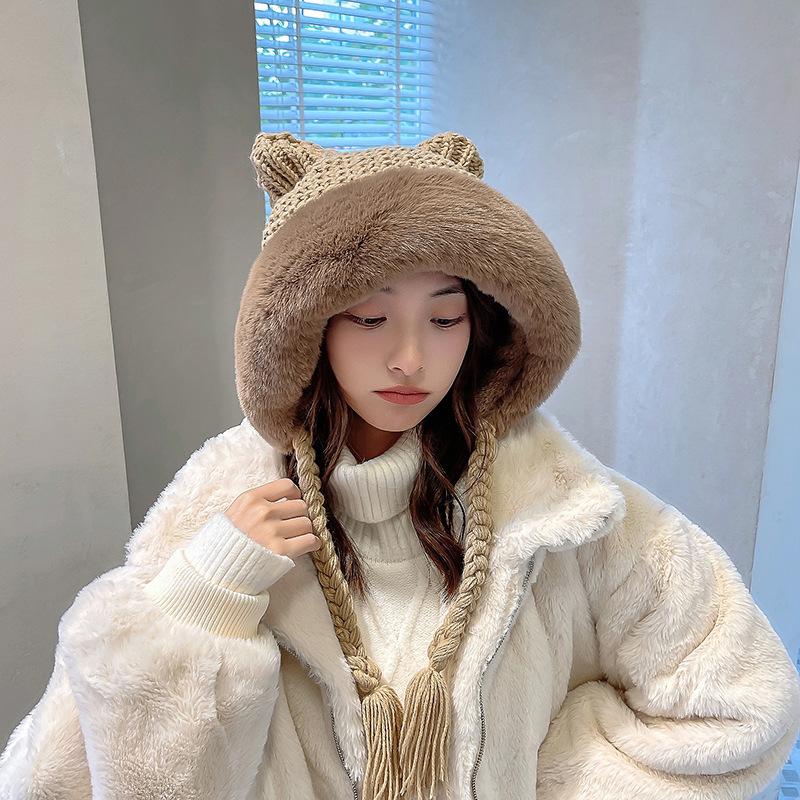 New Women Winter Warm Cute Beanie Hat Cat Ears Lady Kawaii Knitted Crochet Beanies Hat Cap With Braid For Women