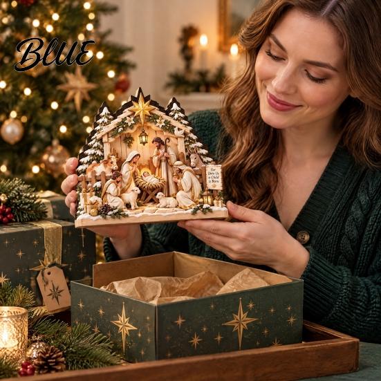 Rustic Farmhouse Christmas Decor Nativity Scene Table Decoration with LED Light 2D Flat Wooden Tabletop Sign Decorations Light Up Tiered Tray