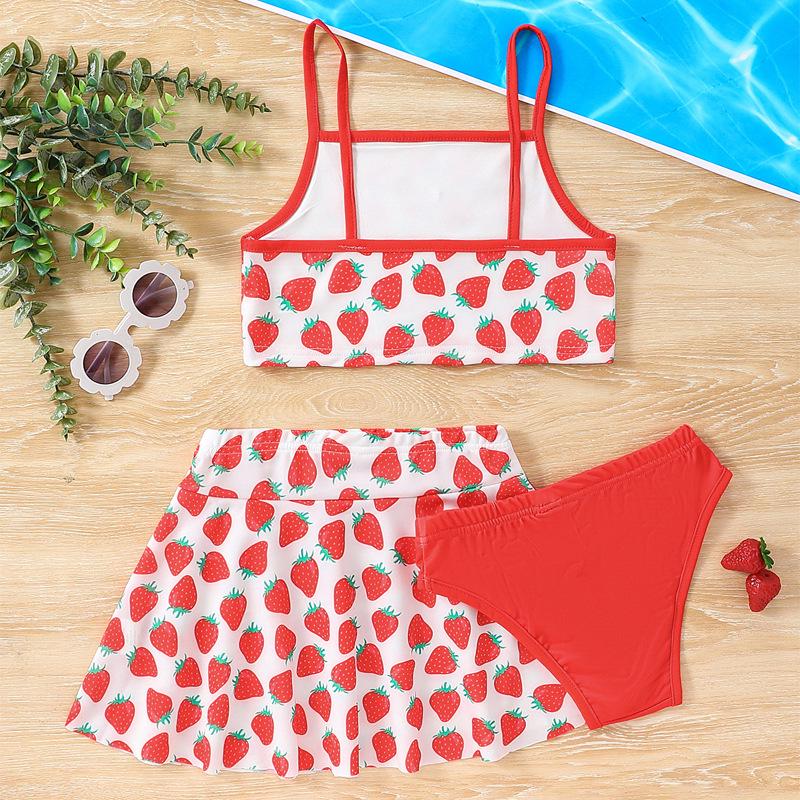 Trendy bez rukávů jahodový potisk špagetová ramínka bikiny - roztomilé 3dílné plavky
