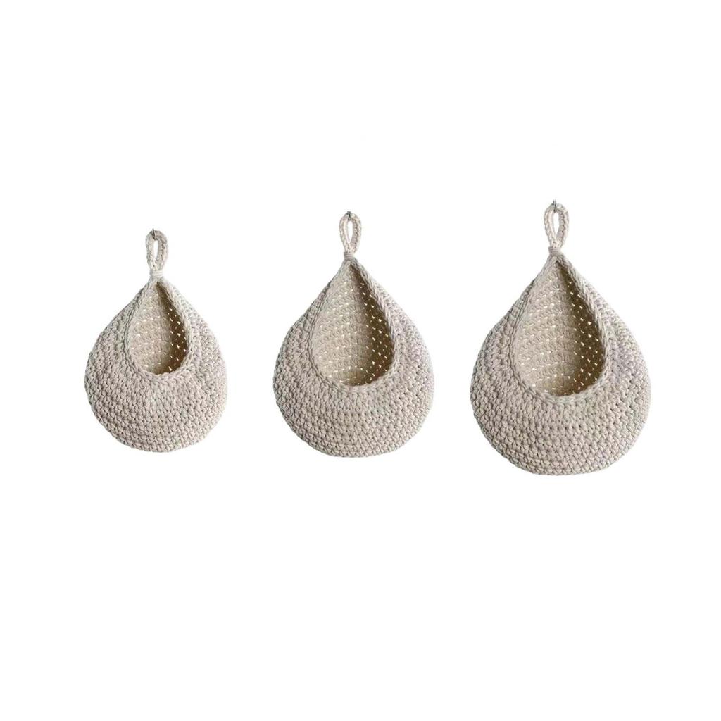 Hanging Vegetable Storage Basket Set 3 Pieces Woven Cotton Rope Wall Mounted Fruit Basket Organizer Net Pouch for Kitchen and Home
