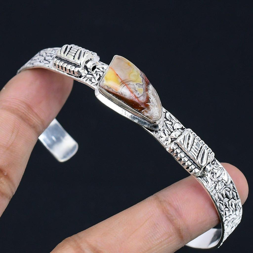 Sterling Silver Mexican Laguna Lace Agate Gemstone Sister Ethnic Bangle Bracelet