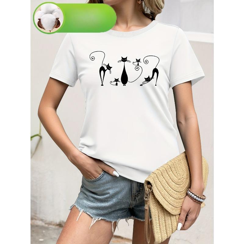 Womens Geometric Cat Floral Print Tee Round Neck Short Sleeve Breathable Regular Fit Machine Washable Summer Casual Top S