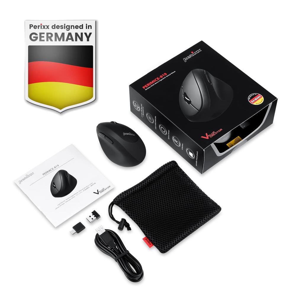 Perixx Ergonomic Mouse Simultaneous Connection Bluetooth USB Receiver Type Wireless PERIMICE-819 Multi-Device 3-Device (Type C, A)