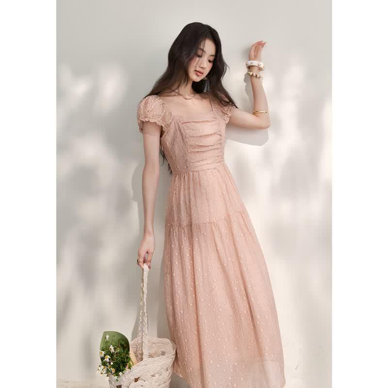 French Style Square Neck Polka Dot Puff Sleeve Tiered Maxi Dress