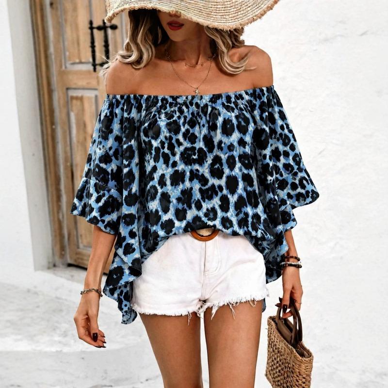 Womens Summer Off Shoulder Leopard Print Ruffled Loose Blouse S синий
