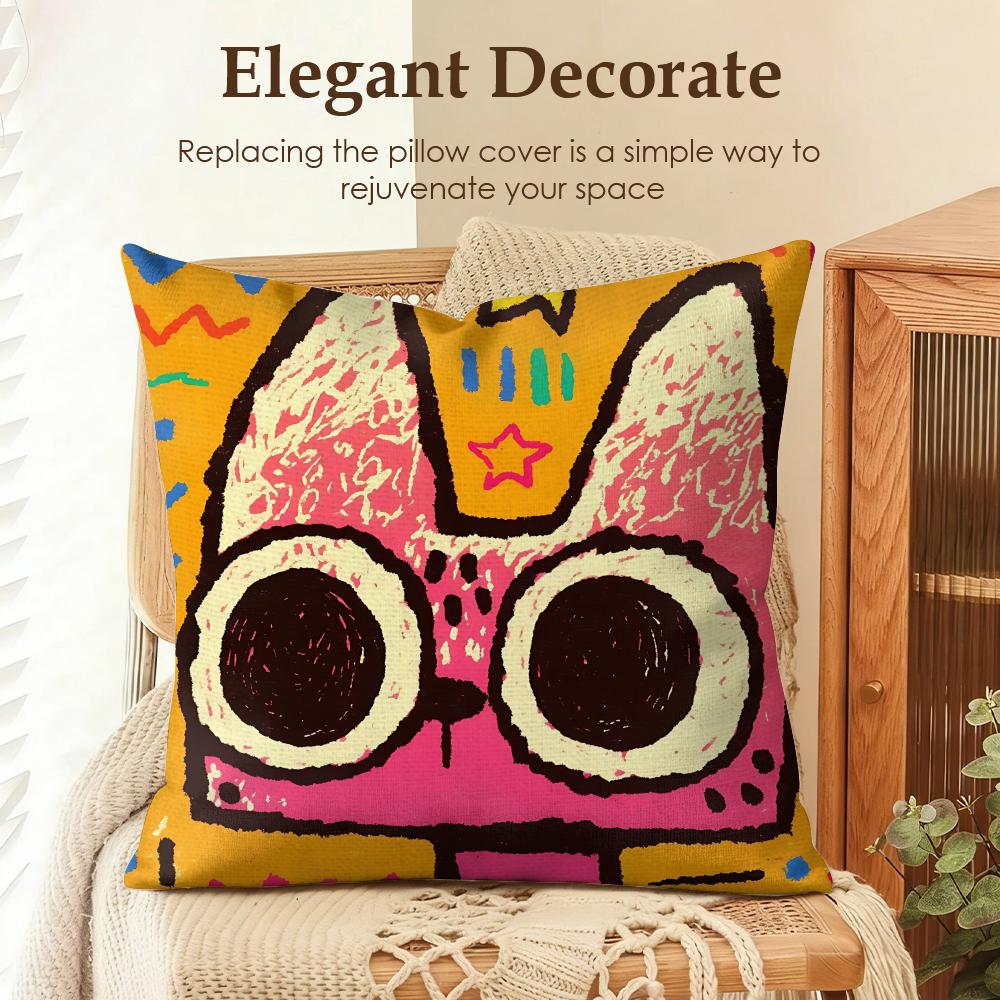 Art Dopamine Doodle Cat Cushion Cover Natural Linen Organic Fabric DoubleSided Printing Sofa Home Decor Gift Pillow Case
