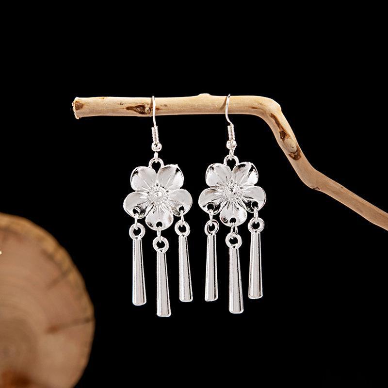 Ethnic Miao Silver Leaf Tassel Earrings