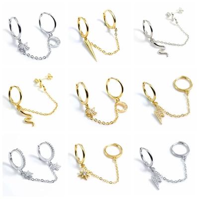 Aide 925 Sterling Silver Double Hole Link Chain Circle Hoop Earrings Zircon Moon Star Lightning Pendant Piercing Earring