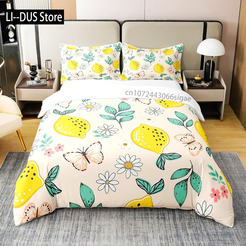 Nature Bedspread Lemon Tree Branches Gardening Design Decorative Quilted 3 Piece Coverlet Set with 2 Pillow Shams Full Size
