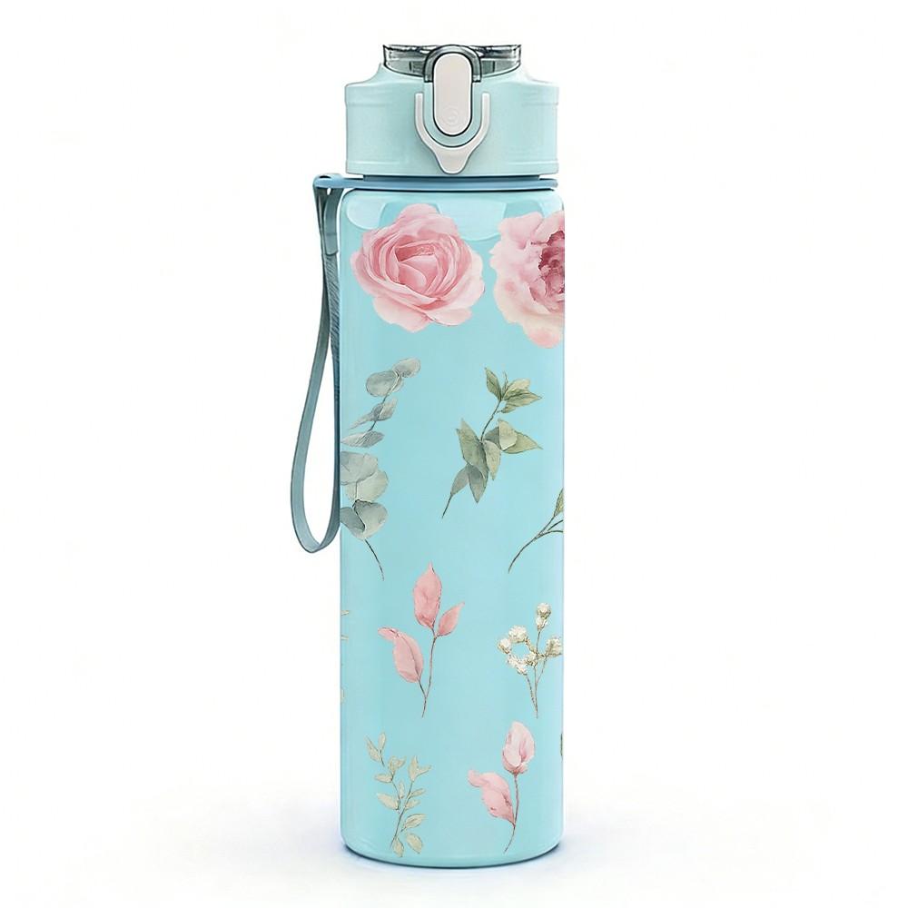 1PC Soft Pink Rose Floral Simple Pattern 750ml Color Plastic Sports Water Bottle Leakproof Flip Straw Lid Suitable for Sports Office Home Use
