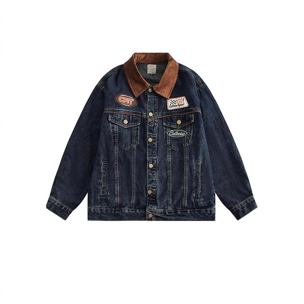 Women's Retro High Street Embroidered Denim Motorcycle Jacket - Spring/Autumn Oversized Lapel Top