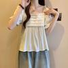 French Style Puff Sleeve Loose Blouse Summer Elegant Square Collar Women's Clothing Fashionable Pleated Basic Solid Color Shirts