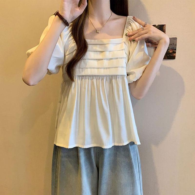 French Style Puff Sleeve Loose Blouse Summer Elegant Square Collar Women's Clothing Fashionable Pleated Basic Solid Color Shirts