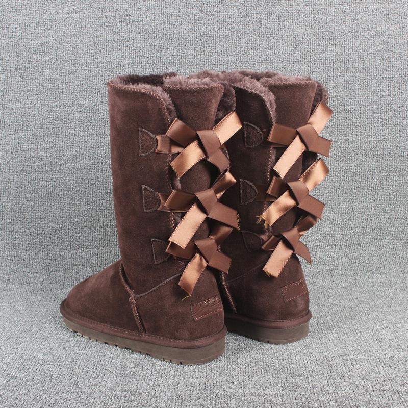Winter Neue Damen High Top Rindsleder Schneestiefel mit Fliege und Samtboden warme Schneestiefel