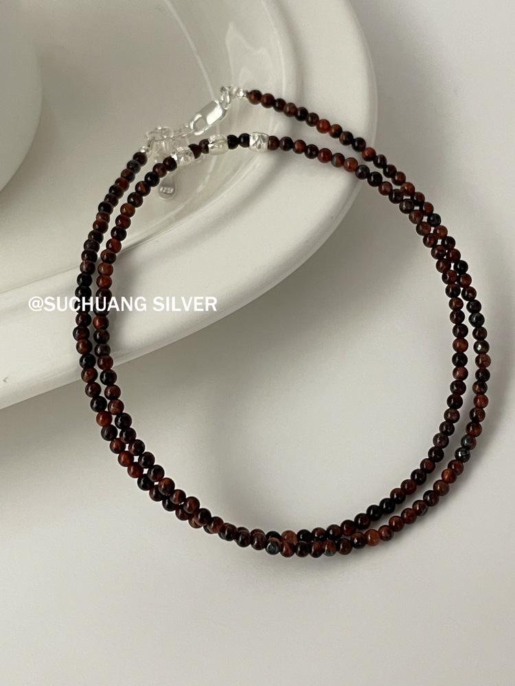 Su Chuang S925 Sterling Silver Red Tiger Eye Bead Necklace - Women's High-End Clavicle Chain.