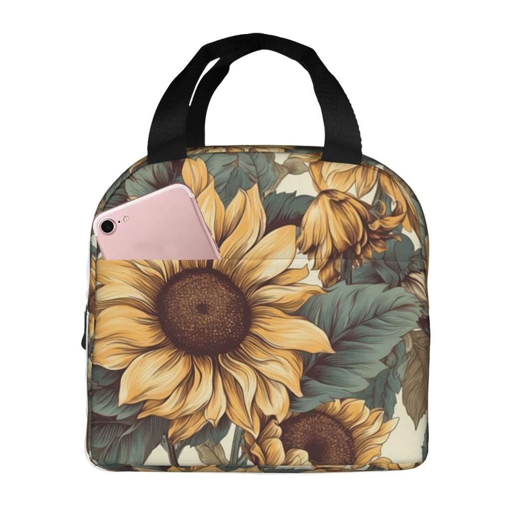 Golden Sunflower Cluster Vintage Botanical Drawing Insulated Lunch Bag for Women Office Cooler Thermal Food Box Tote Lunch Boxes