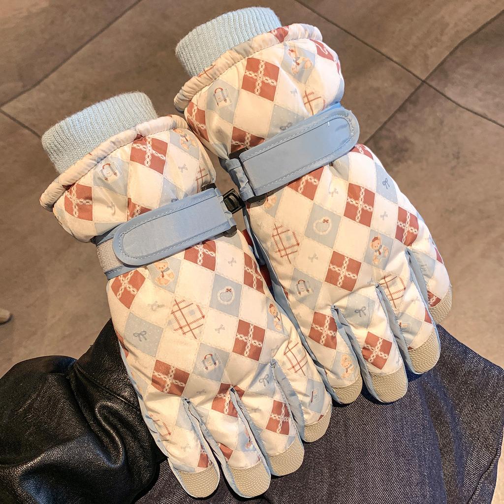 Cute Bear Ski Gloves Female Korean Warm Fleece Thickened Outdoor Cold Wind Gloves