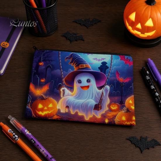 Wear-resistant Canvas Pouch Halloween Storage Bag, with Colorful Cartoon Ghost Print, Durable Travel Bag Makeup Zipper Large Capacity Lightweight