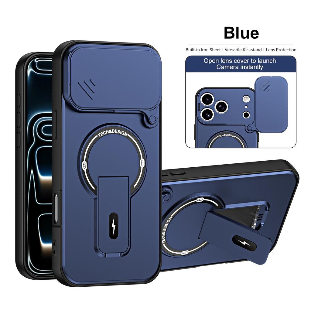 Magnetic Stand Phone Case for Apple 13, 14, 15 Pro, 17 Pro Max with Push-Window and Full Lens Coverage