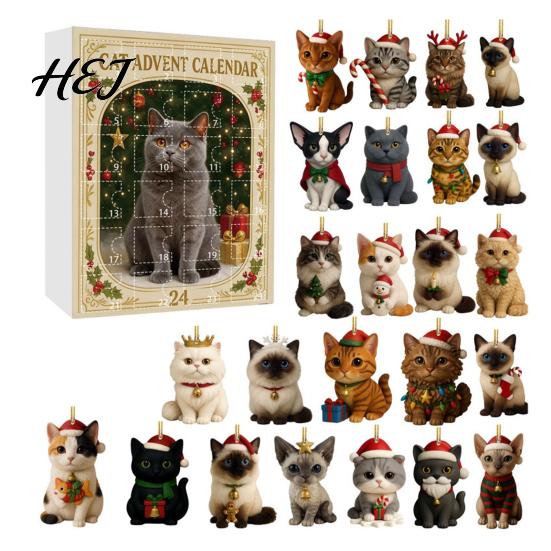 Holiday Countdown Gift Box 24 Day Cat Advent Calendar with Acrylic Christmas Ornaments, 2D Flat Animal Themed Ornaments Hanging Decorations, Xmas Tree