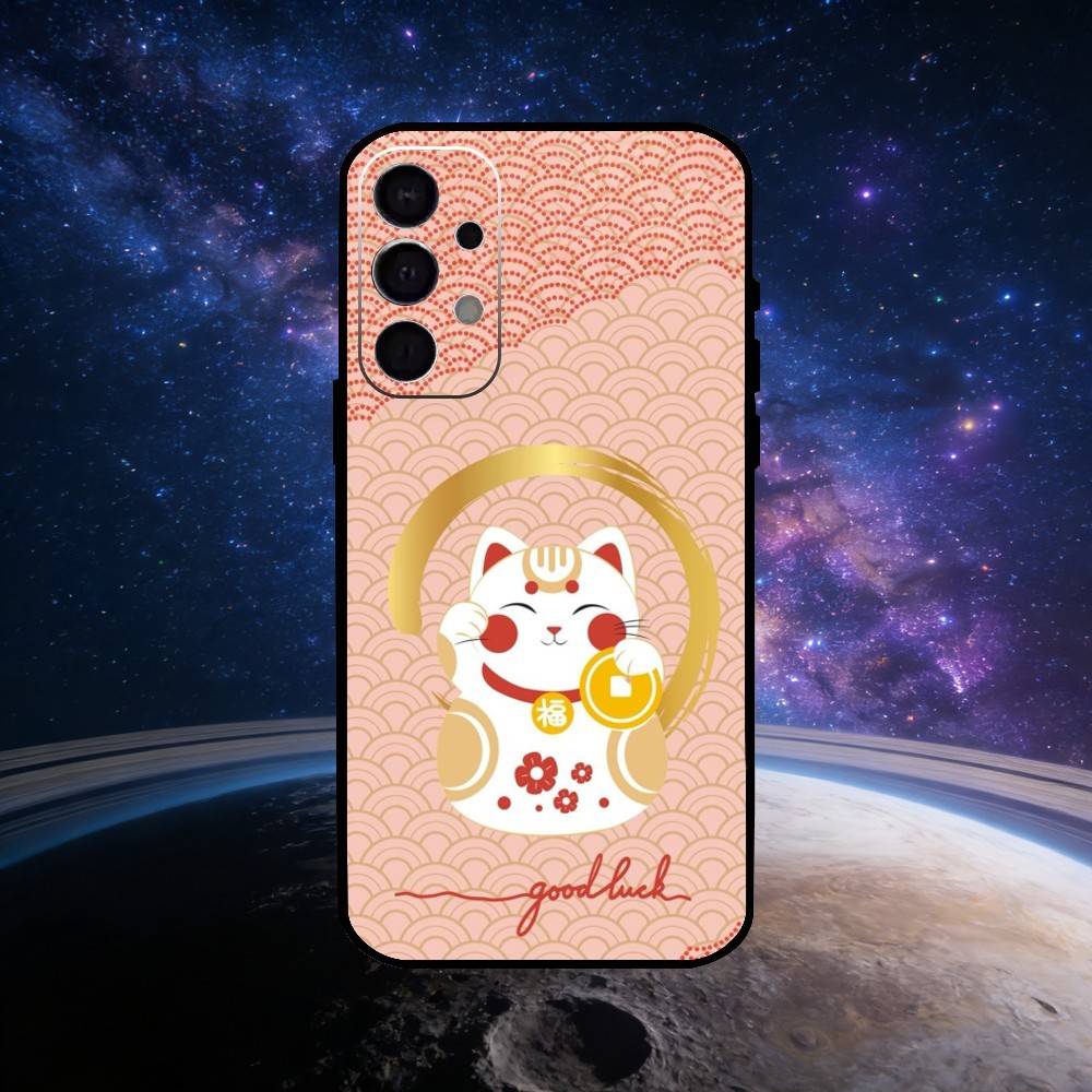 Uroczy Szczęśliwy Kot Maneki Neko Etui na Telefon Dla Samsung S25,S24,S23,S22,S21,S20,Ultra,Plus,FE Czarne Miękkie Etui