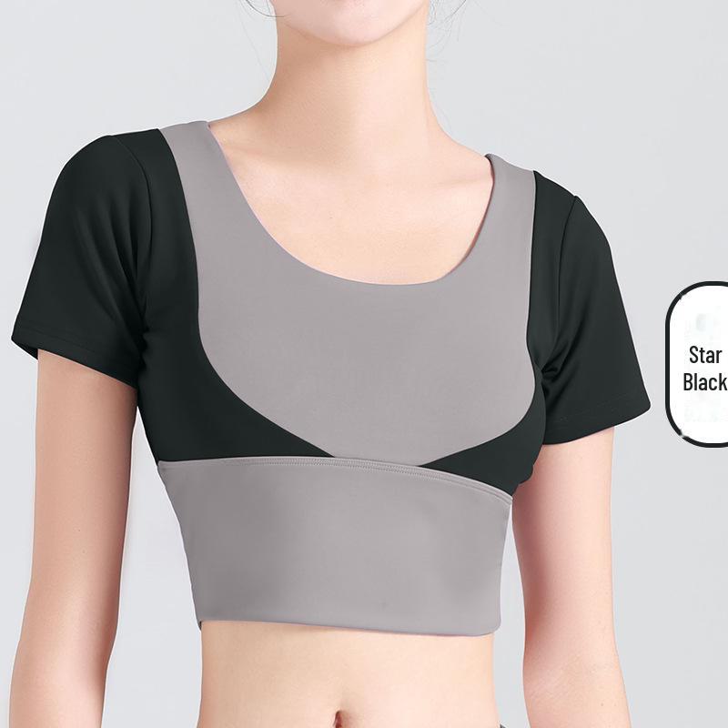 Juyitang Women's Short-Sleeve Color Match Yoga Top, Bra-Free, Navel-Baring Fitness Wear