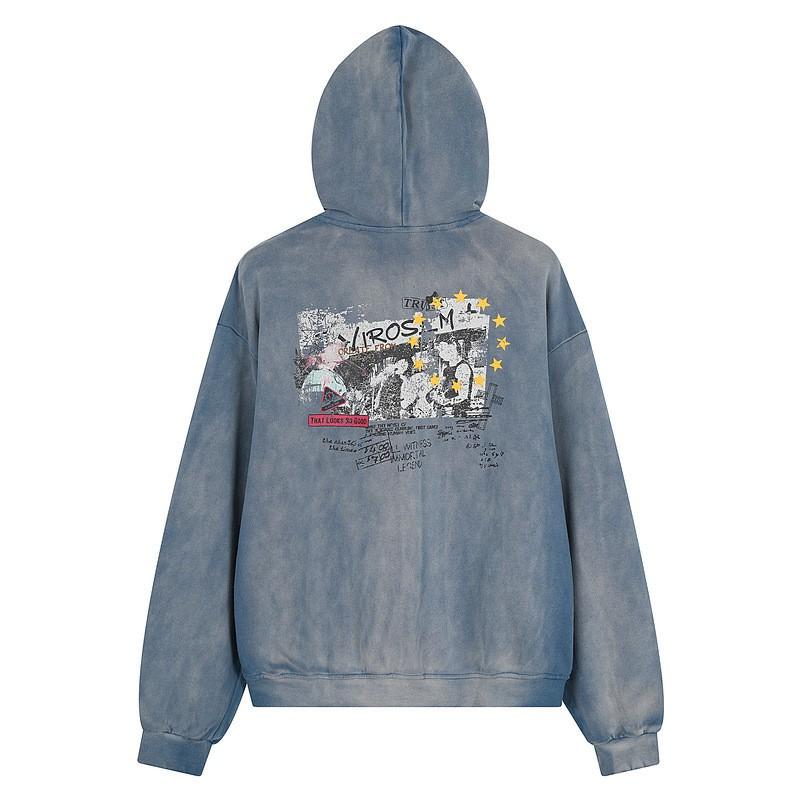 Unisex Übergroßes Used-Look Gewaschenes Kapuzen-Reißverschluss-Sweatshirt Streetwear Baumwoll-Pullover Herbst