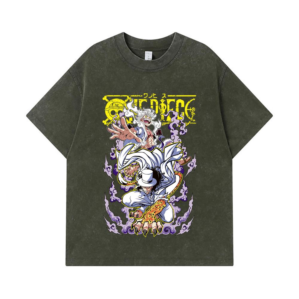275 GSM Washed T-shirts 100% Cotton One Piece V64 Luffy Lucci Print Unisex Heavy Cotton T Shirt