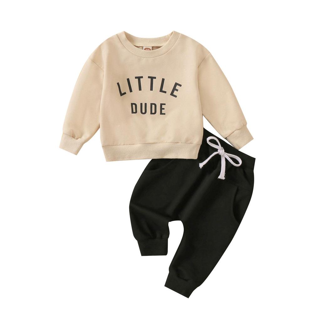 Toddler Letter Print Round Neck Top & Solid Color Long Pants Two-Piece Set, Multi-Color.