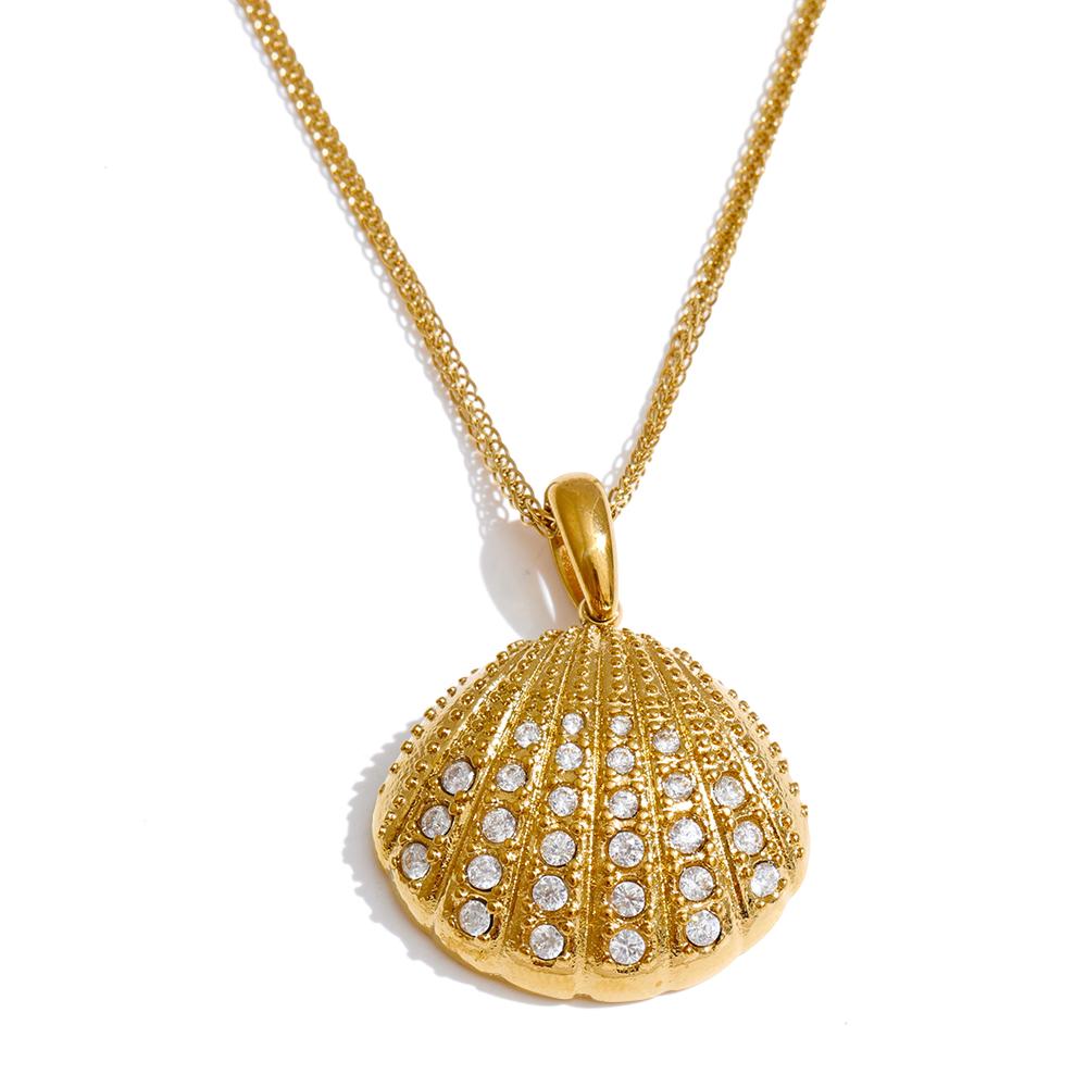 Yhpup Ocean Style Inlaid Cubic Zirconia Shell Exquisite Pendant Necklace Stainless Steel Trendy Collar Jewelry Tarnish Resistant