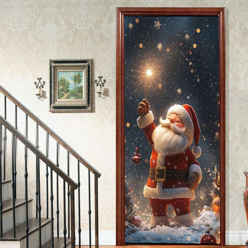 Christmas Santa Claus PVC Self-Adhesive Waterproof Door Sticker Modern Simulation Door Mural Wallpaper Living Room Study Home Decor Art Door Poster