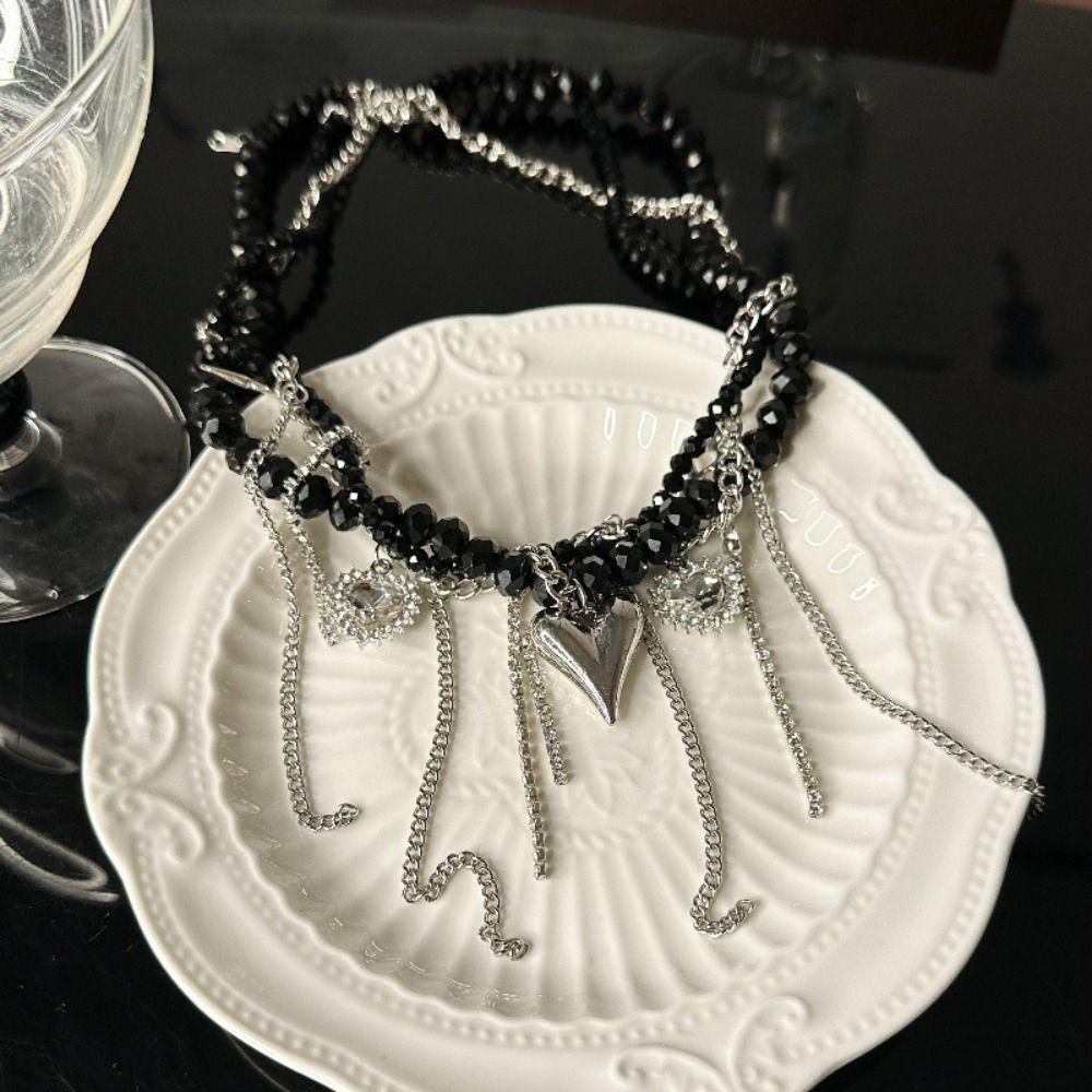 Punk Heart Pendant Necklace Transparent Y2K Crystal Necklace Fashion Beaded Rhinestone Choker  Gift
