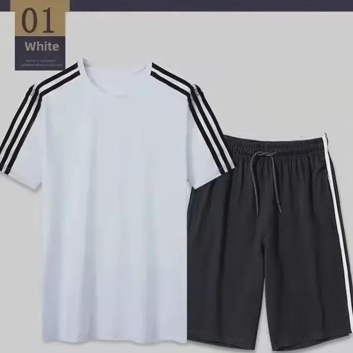 Fatos de Lazer de Verão Unissex: Roupa Esportiva Larga de Três Listras, Conjunto de Duas Peças de Manga Curta e Shorts