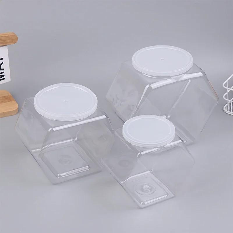 Plastic Packaging Jars Sealed With Lid Food Storage Container Kitchen Supplies Portable Transparent Hexagonal Candy Cookie Jar
