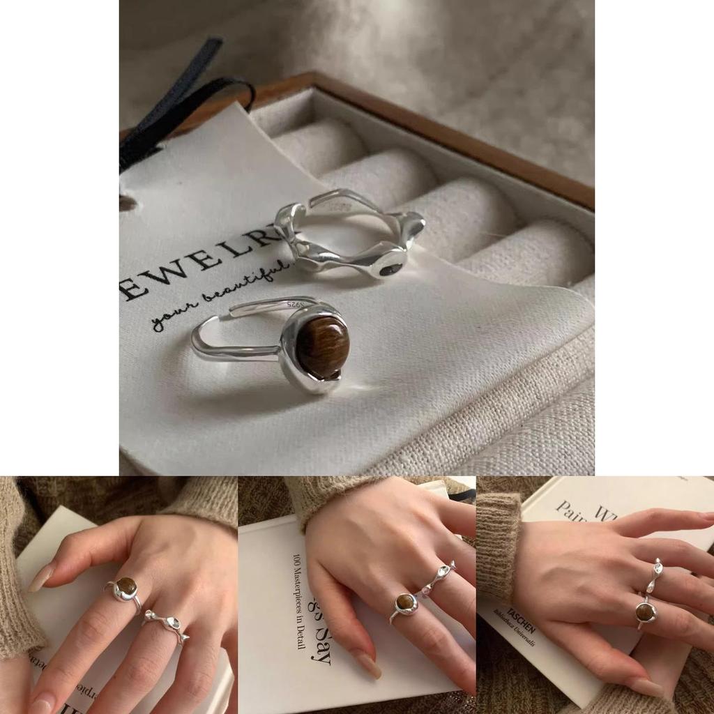 Luxuriöser koreanischer geometrischer Tigeraugensteinring für Damen, stilvolles verstellbares Kupferdesign