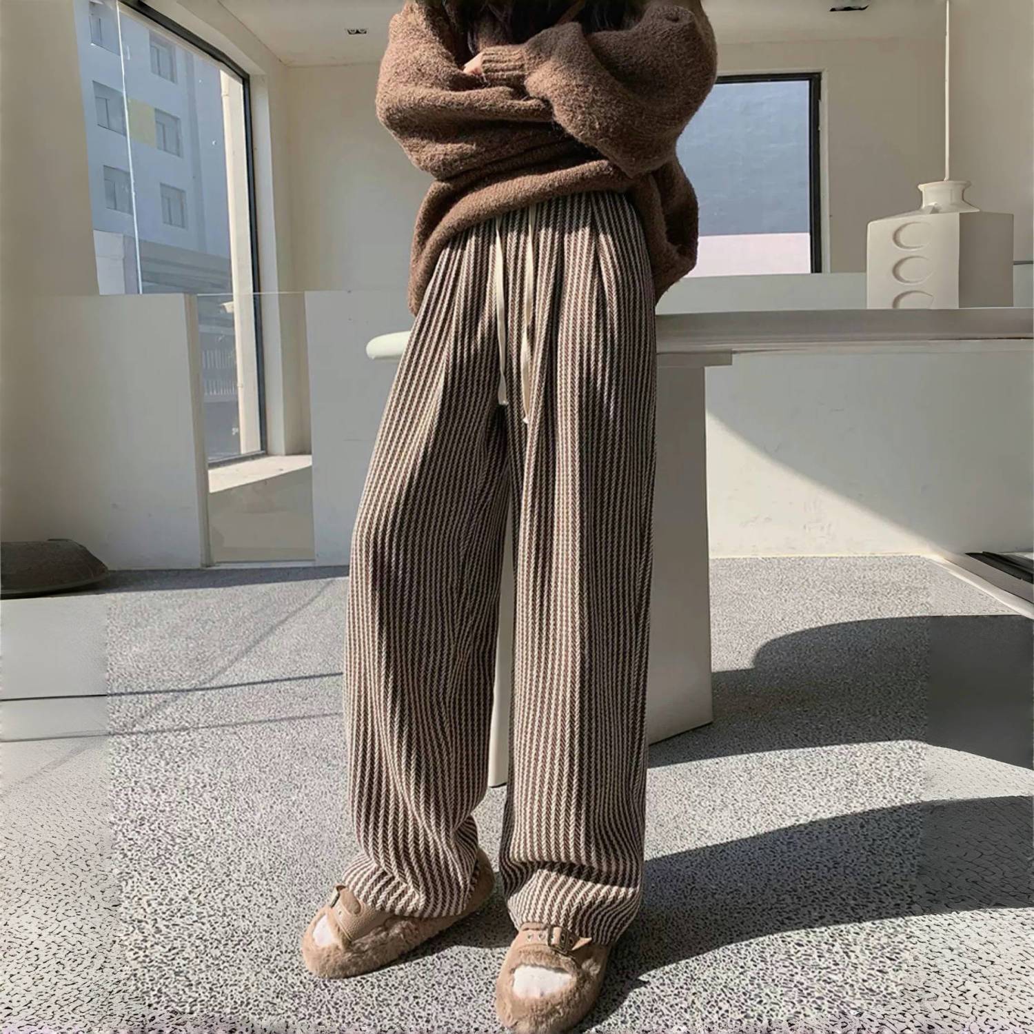 

Винтажные полосатые шерстяные брюки женские простые с высокой талией осень-зима повседневные широкие брюки универсальные студенческие Harajuku моющие XXL кофейный