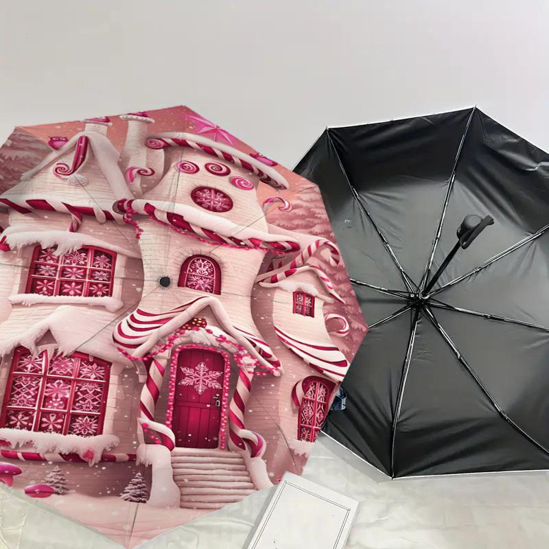 1pc Candy Cane House Automatic Open/Close Umbrella Compact Folding Umbrella with 8-Rib Shaft for Women/Men, Elegant Birthday1157S