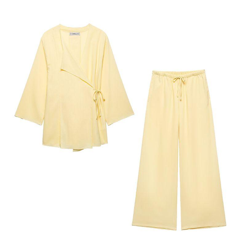 Kaslead New Arrival Women's Clothing Fashion Style Fashion Linen Kimono Tie-Front Top Casual Pants Suit