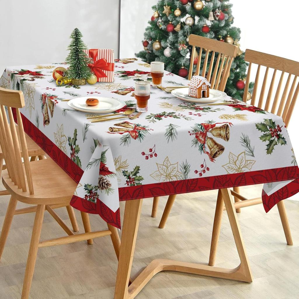 Christmas Poinsettia Holly Berry Rectangle Tablecloth for Table Decor Xmas Ball Pinecone Print Table Cloth Christmas Decorations