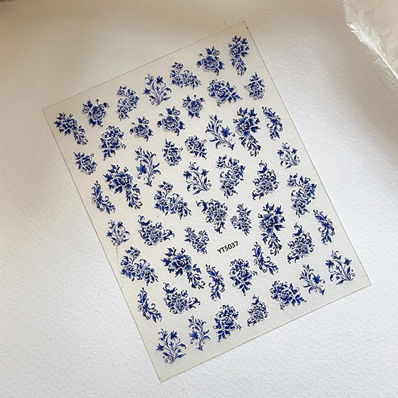Blue White Porcelain Chinese Style Sticker 3D Self Adhesive Nail Art Sticker Flower Silverback Adhesive Manicure Decal Salon Diy