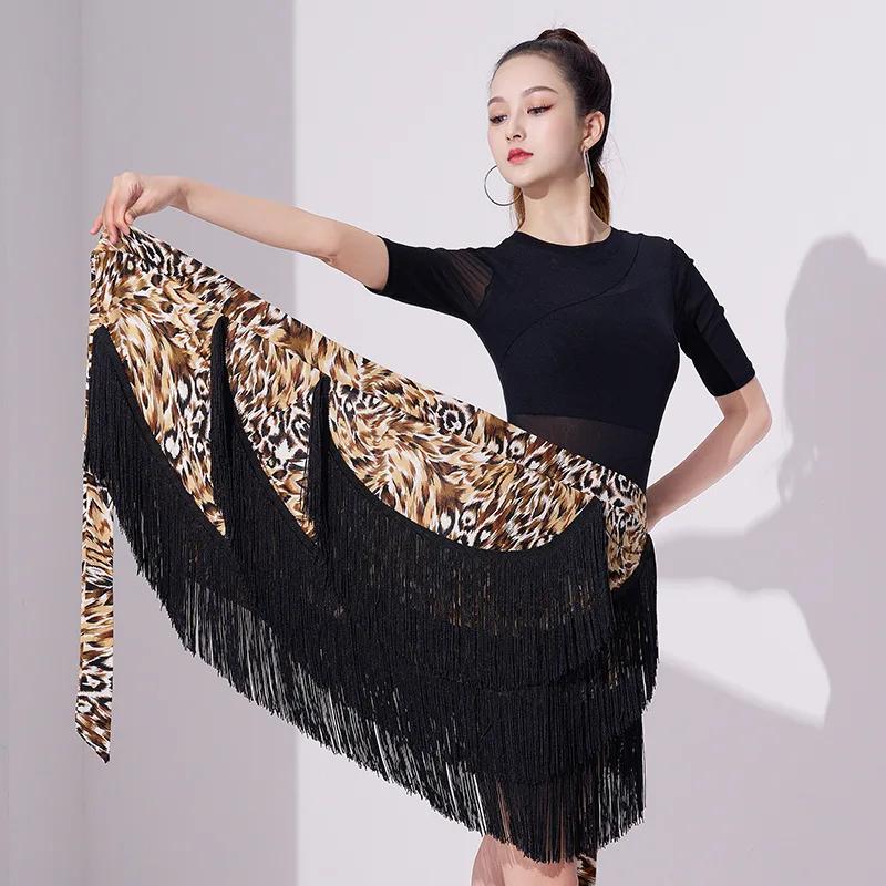 Women Latin Dance Dress Training Suit Short Skirt Sexy Tassel Three-Layer Fringe Dance Costume Training Suit Short Skirt Black