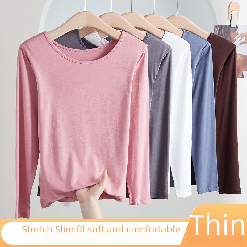 Modal Women's Slim Fit Long Sleeve Round Neck T-Shirt - Solid Color Versatile Autumn Top