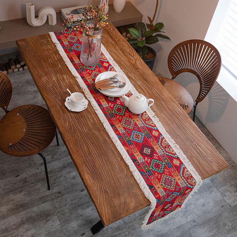 Vintage Jacquard Bomull och Lin Tofs röd Bordslöpare Julfest Bröllop Kök Bordstyg Hem Soffbord Dekor