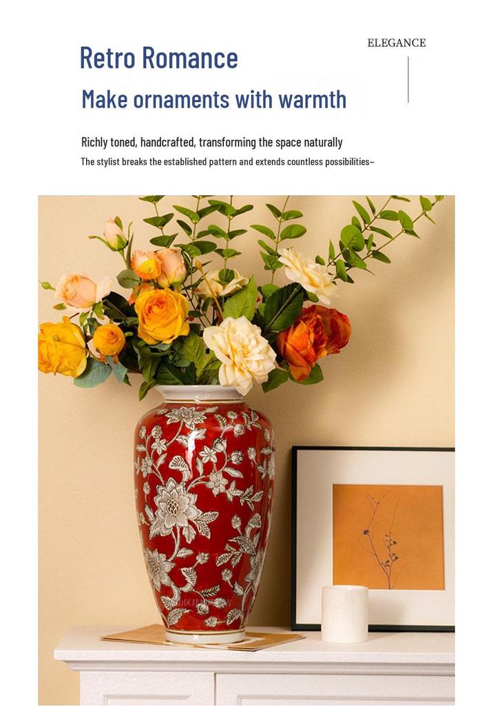 Red New Year Ceramic Vase - Chinese Desktop Ornament for Flowers