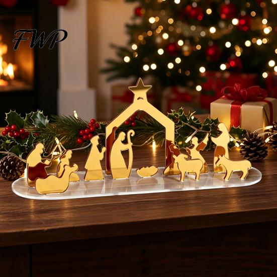 Christmas Tabletop Decorations Acrylic Ornament, Mirrored Golden Silhouette Scene, Decorative Living Room Table Decor Desktop Display for Holiday
