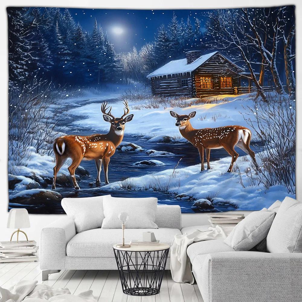 Winter Forest Elk Tapestry Farmhouse Stream Snowy Animal Nature Landscape New Year Christmas Home Living Room Decor Wall Hanging