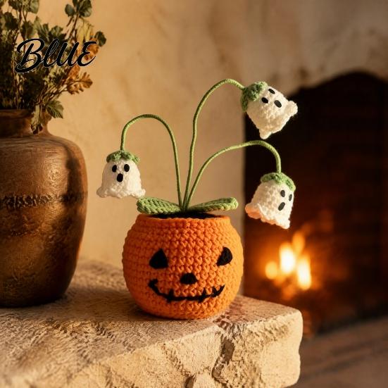 Handmade Crochet Pumpkin Decor Pumpkin Halloween Ornament with Cute Ghost Bat Festive Home Accents for Flowers Planter Plant Tabletop Decoration