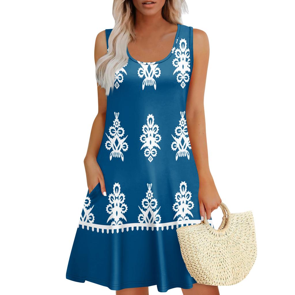 Women's Summer Casual U-shaped Tie Pocket Popular Floral Print Dress