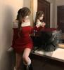 Herbst Rot Mini Weihnachten Kleid Frauen Koreanischen Stil Slash Neck Langarm Bodycone Gestrickte Korsett Kleider Winter