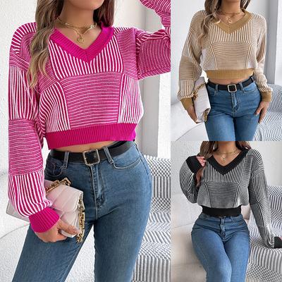 Women Knitted Sweater V-Neck Lantern Long Sleeve Pullovers Jumpers Striped Knitwear Tops